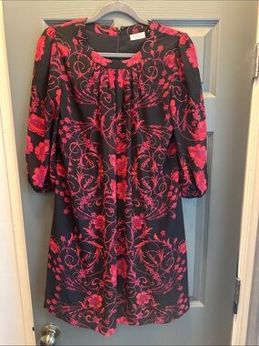 eva mendes for New York & Company Black Midi Dress with Red Floral Scroll Print
